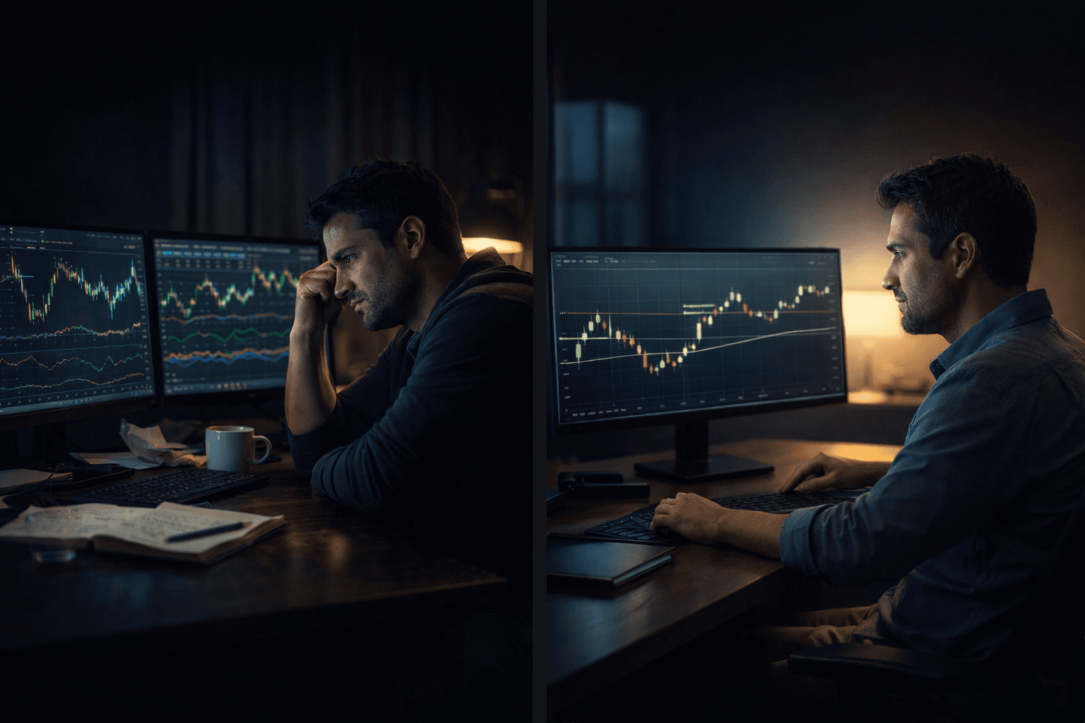 Trader reflecting late at night while looking at charts