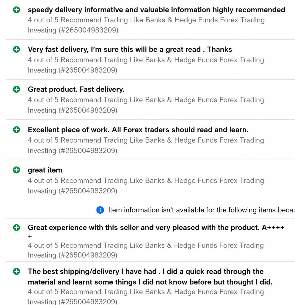 Screenshot of eBay buyer feedback for the Rethink Forex guide